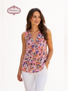 CAbi Floral Sleeveless Blouse V-Neck Flowy Top NWT Med Colorful Boutique Style